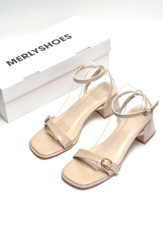 [NEW 35-43] Sandal Cao Gót Đế Vuông 5cm Nude Quai Mảnh Gắn Khóa Merly 1640 Kem Bigsize 35-43, Giày Cao Gót Mặc Áo Dài