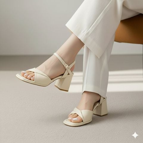 [NEW 35-43] Sandals Quai Ngang Xoắn Mềm Gót Cao 7cm Merly 1641 Màu Trắng Kem Size 35-43, Giày Xăng Đan Cao Gót Quai Ngang, Giày Công Sở Nữ