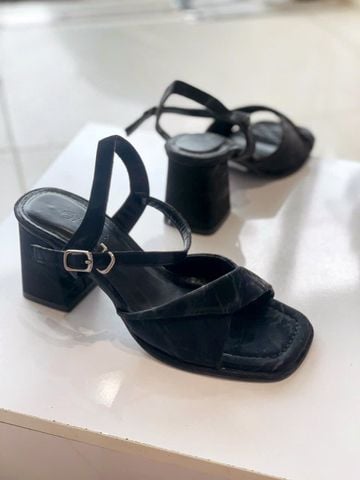 Sandals 7cm Merly 1641 Đen Vân Mây Size 35-43 Quai Ngang Xoắn Mềm Gót, Giày Xăng Đan Cao Gót Quai Ngang, Giày Công Sở Nữ