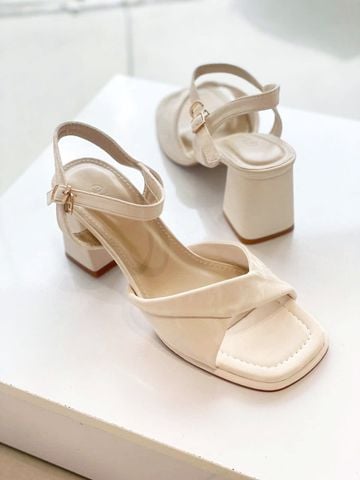 Sandals Trắng Kem Ivory Quai Xoắn Mềm Gót 7cm Merly 1641 Kem Vân Mây Size 35-43, Giày Xăng Đan Cao Gót Quai Ngang, Giày Công Sở Nữ