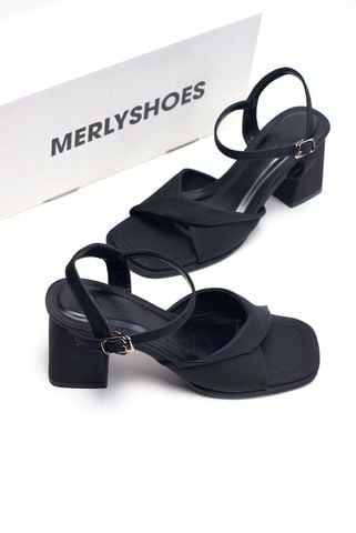 [NEW 35-43] Sandals Nữ Quai Ngang Xoắn Mềm Gót Cao 7cm Merly 1641 Đen Mờ Mịn Size 35-43, Giày Xăng Đan Cao Gót Quai Ngang, Giày Công Sở Nữ