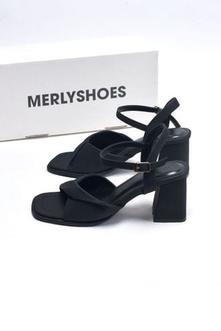 [NEW 35-43] Sandals Nữ Quai Ngang Xoắn Mềm Gót Cao 7cm Merly 1641 Đen Mờ Mịn Size 35-43, Giày Xăng Đan Cao Gót Quai Ngang, Giày Công Sở Nữ