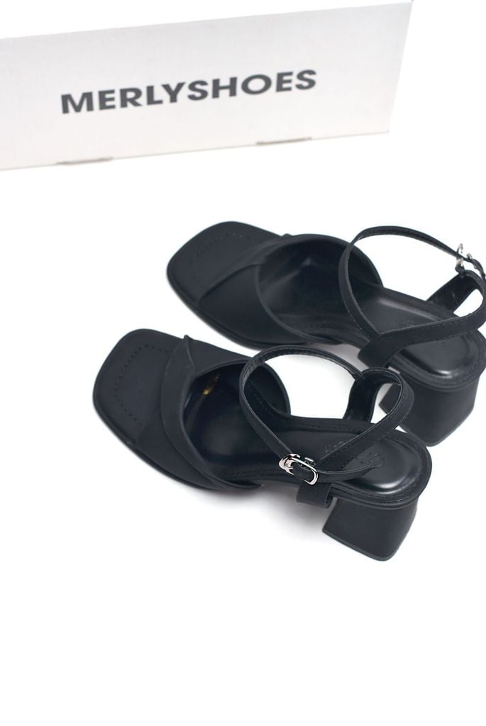 [NEW 35-43] Sandals Nữ Quai Ngang Xoắn Mềm Gót Cao 7cm Merly 1641 Đen Mờ Mịn Size 35-43, Giày Xăng Đan Cao Gót Quai Ngang, Giày Công Sở Nữ