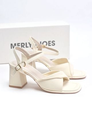 [NEW 35-43] Sandals Quai Ngang Xoắn Mềm Gót Cao 7cm Merly 1641 Màu Trắng Kem Size 35-43, Giày Xăng Đan Cao Gót Quai Ngang, Giày Công Sở Nữ
