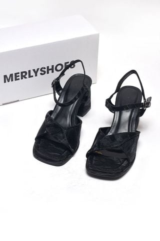 Sandals Cao Gót 6cm Quai Ngang Mềm Công Sở Merly 1641 Đen Vân Mây Size 35-43, Giày Xăng Đan Cao Gót Quai Ngang, Giày Công Sở Nữ