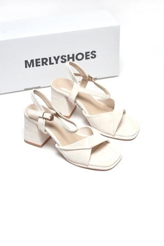 Sandals Cao Gót 6cm Quai Xoắn Mềm Merly 1641 Trắng Kem Vân Mây Size 35-43, Giày Xăng Đan Cao Gót Quai Ngang, Giày Công Sở Nữ