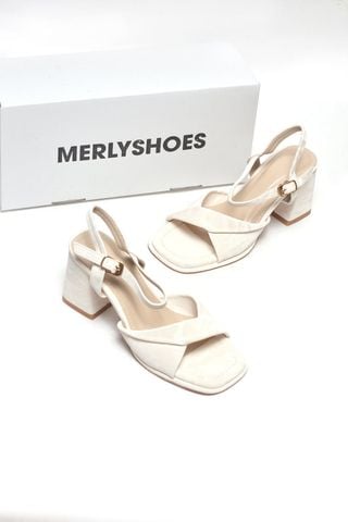 Sandals Cao Gót 6cm Quai Xoắn Mềm Merly 1641 Trắng Kem Vân Mây Size 35-43, Giày Xăng Đan Cao Gót Quai Ngang, Giày Công Sở Nữ