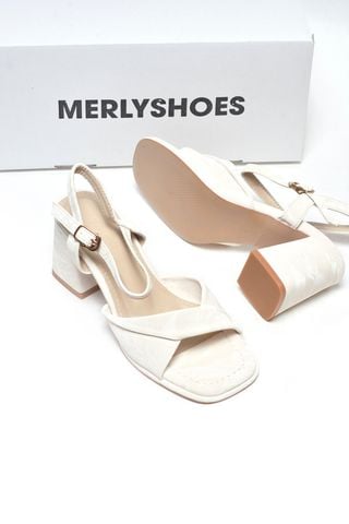 Sandals Cao Gót 6cm Quai Xoắn Mềm Merly 1641 Trắng Kem Vân Mây Size 35-43, Giày Xăng Đan Cao Gót Quai Ngang, Giày Công Sở Nữ