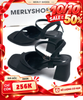 Sandals Nữ Quai Ngang Xoắn Mềm Gót Cao 7cm Merly 1641 Đen Mờ Mịn Size 35-43, Giày Xăng Đan Cao Gót Quai Ngang, Giày Công Sở Nữ