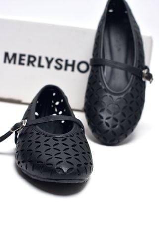 Giày Búp Bê Mũi Tròn Họa Tiết Lazer phối váy chấm bi bèo xéo thời trang