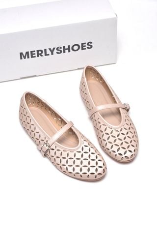 Giày Búp Bê Lazer Merly 1642-FB Kem Hồng Quai Ngang Êm Chân Mary Jane Da Cắt Lazer Họa Tiết Lá, Giày Búp Bê Big Size Êm Chân