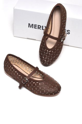 Giày Búp Bê Lazer Merly 1642 Nâu Cocoa Quai Ngang Êm Chân Mary Jane Da Cắt Lazer Họa Tiết Lá, Giày Búp Bê Big Size Êm Chân