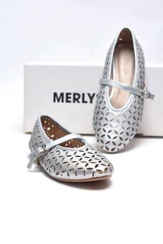 Giày Búp Bê Mũi Tròn Đế Bám Nền Mềm Mại Da Merly Cắt Họa Tiết Lazer Hoa Mùa Hè Merly 1642 Màu Xám Bạc, Giày Búp Bê Bigsize 35-43