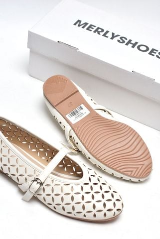 [New Color] Giày Búp Bê Có Quai Ngang Da Lỗ Họa Tiết Lá Đối Xứng Thoáng Khí Mềm Mại Đế Chống Trơn Merly 1642 Trắng Hạt Dẻ, Giày Được Cắt Họa Tiết Lazer Hoa Mùa Hè, Giày Búp Bê Bigsize, Giày Bệt Nữ Quai Ngang