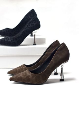 [New Arrivals] Giày Cao Gót Da Beo Gót Bạc 9cm Merly 1644 Nâu Beo, Giày Cao Gót Bigsize 35-43, Giày Đi Tiệc, Giày Cao Gót Bít Mũi, Giày Công Sở Nữ