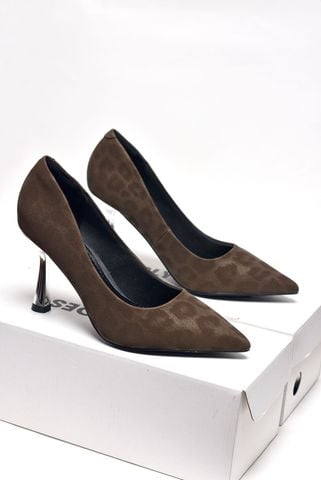 [New Arrivals] Giày Cao Gót Da Beo Gót Bạc 9cm Merly 1644 Nâu Beo, Giày Cao Gót Bigsize 35-43, Giày Đi Tiệc, Giày Cao Gót Bít Mũi, Giày Công Sở Nữ