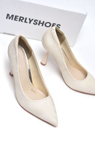 [New Arrivals] Giày Cao Gót 9cm Da Vân Cá Sấu Lót Mút Mềm Mại 1644 Merly Trắng Kem Croco, Giày Cao Gót Big Size, Giày Cao Gót Bít Mũi, Giày Công Sở Nữ, Giày Đi Sự Kiện