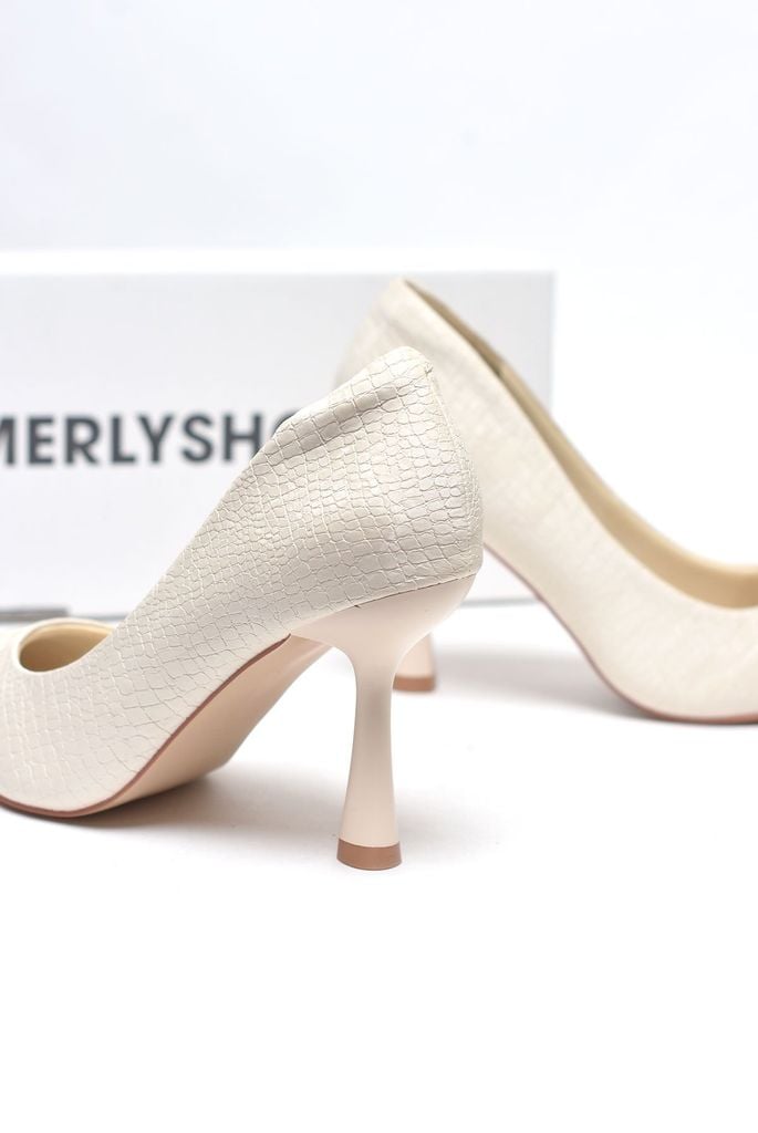 [New Arrivals] Giày Cao Gót 9cm Da Vân Cá Sấu Lót Mút Mềm Mại 1644 Merly Trắng Kem Croco, Giày Cao Gót Big Size, Giày Cao Gót Bít Mũi, Giày Công Sở Nữ, Giày Đi Sự Kiện