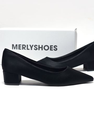 Giày Bít Mũi Gót Thấp 3cm Merly 1645-3p Đen Huyền, Giày Công Sơ Nữ, Giày Đế Thấp, Giày Đế Vuông, Giày Búp Bê Cao Gót, Giày Big Size Nữ