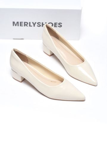 Giày Bít Mũi Gót Thấp 3cm Merly 1645 Trắng Kem Ivory