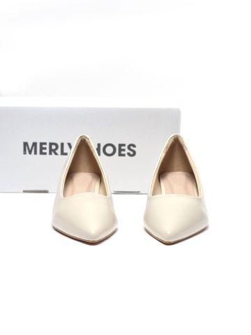 Giày Bít Mũi Gót Thấp 3cm Merly 1645-3p Trắng Kem Ivory, Giày Công Sơ Nữ, Giày Đế Thấp, Giày Đế Vuông, Giày Búp Bê Cao Gót, Giày Big Size Nữ