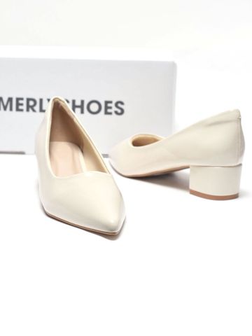 Giày Bít Mũi Gót Thấp 3cm Merly 1645-3p Trắng Kem Ivory, Giày Công Sơ Nữ, Giày Đế Thấp, Giày Đế Vuông, Giày Búp Bê Cao Gót, Giày Big Size Nữ