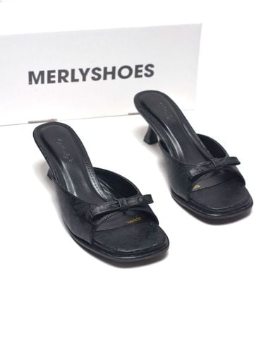 Guốc Gấm Nơ Xinh Gót Nhọn 5cm Merly 1646-5P Đen Gấm