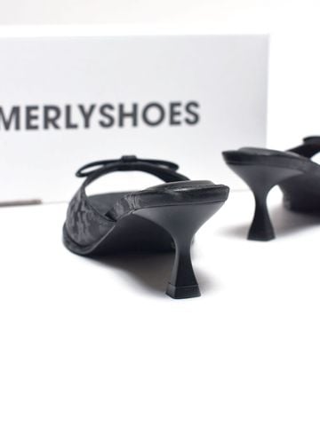 Guốc Gấm Nơ Xinh Gót Nhọn 5cm Merly 1646-5P Đen Gấm, Dép Cao Gót Quai Ngang Đính Nơ, Guốc Nữ Bigsize, Mules, Dép Guốc Hè 2026