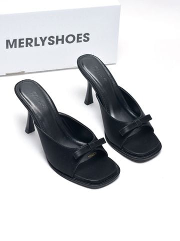 Guốc Nữ Quai Ngang Nơ Nhỏ Gót Nhọn Cao 9cm Có Đúp Mũi Merly 1646 Đen Huyền, Guốc Nữ Bigsize 35-43, Dép Cao Gót Nữ Tính, Guốc Mules Mũi Vuông, Dép Guốc Hè 2026