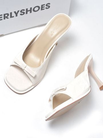 Guốc Nữ Quai Ngang Nơ Nhỏ Gót Nhọn Cao 9cm Có Đúp Mũi Merly 1646 Trắng Ivory, Guốc Nữ Bigsize 35-43, Dép Cao Gót Nữ Tính, Guốc Mules Mũi Vuông, Dép Guốc Hè 2026