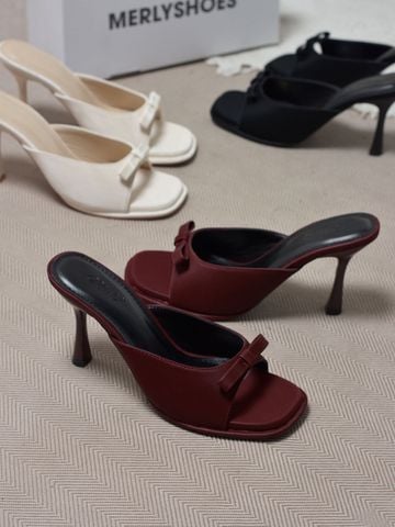 Guốc Nữ Quai Ngang Nơ Nhỏ Gót Nhọn Cao 8cm Có Đúp Mũi Merly 1646 Đỏ Burgundy, Guốc Nữ Bigsize 35-43, Dép Cao Gót Nữ Tính