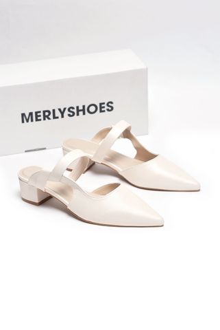 [New Arrivals] Guốc Sục Mũi Nhọn Nữ Màu Trắng Hồng Mũi Nhọn Merly 1647 Trắng Hồng Bigsize 35-43, Sandal Bít Mũi, Giày Mule, Giày Búp Bê, Giày Công Sở Nữ