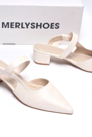 [New Arrivals] Guốc Sục Mũi Nhọn Nữ Màu Trắng Hồng Mũi Nhọn Merly 1647 Trắng Hồng Bigsize 35-43, Sandal Bít Mũi, Giày Mule, Giày Búp Bê, Giày Công Sở Nữ