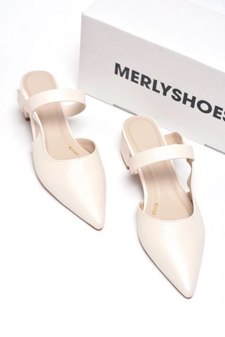 [New Arrivals] Guốc Sục Mũi Nhọn Nữ Màu Trắng Hồng Mũi Nhọn Merly 1647 Trắng Hồng Bigsize 35-43, Sandal Bít Mũi, Giày Mule, Giày Búp Bê, Giày Công Sở Nữ