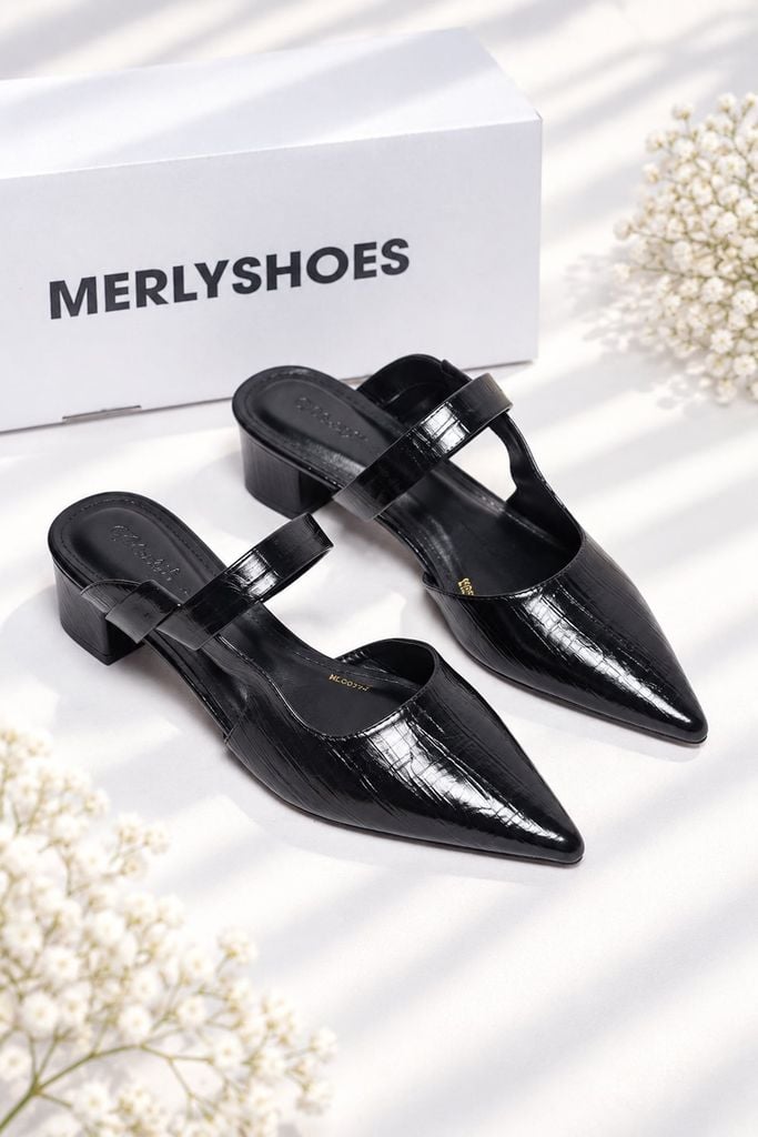 Guốc Sục Đen Vân Merly 1647, Giày Sục Nữ, Giày Sục Mũi Nhọn Gót Vuông 3cm, Sandal Bít Mũi, Giày Mule, Giày Sục Bigsize 35-43, Giày Công Sở Nữ
