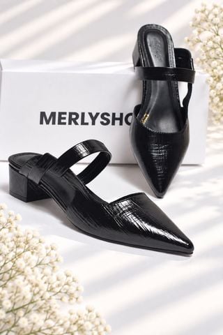 Guốc Sục Đen Vân Merly 1647, Giày Sục Nữ, Giày Sục Mũi Nhọn Gót Vuông 3cm, Sandal Bít Mũi, Giày Mule, Giày Sục Bigsize 35-43, Giày Công Sở Nữ