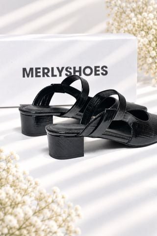 Guốc Sục Đen Vân Merly 1647, Giày Sục Nữ, Giày Sục Mũi Nhọn Gót Vuông 3cm, Sandal Bít Mũi, Giày Mule, Giày Sục Bigsize 35-43, Giày Công Sở Nữ
