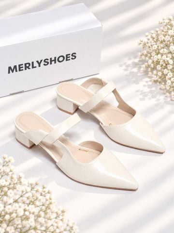Giày Sục Kem Ivory Merly 1647, Guốc Sục Nữ, Giày Sục Mũi Nhọn 3cm, Sandal Bít Mũi, Giày Mule, Giày Sục Bigsize 35-43, Giày Công Sở Nữ