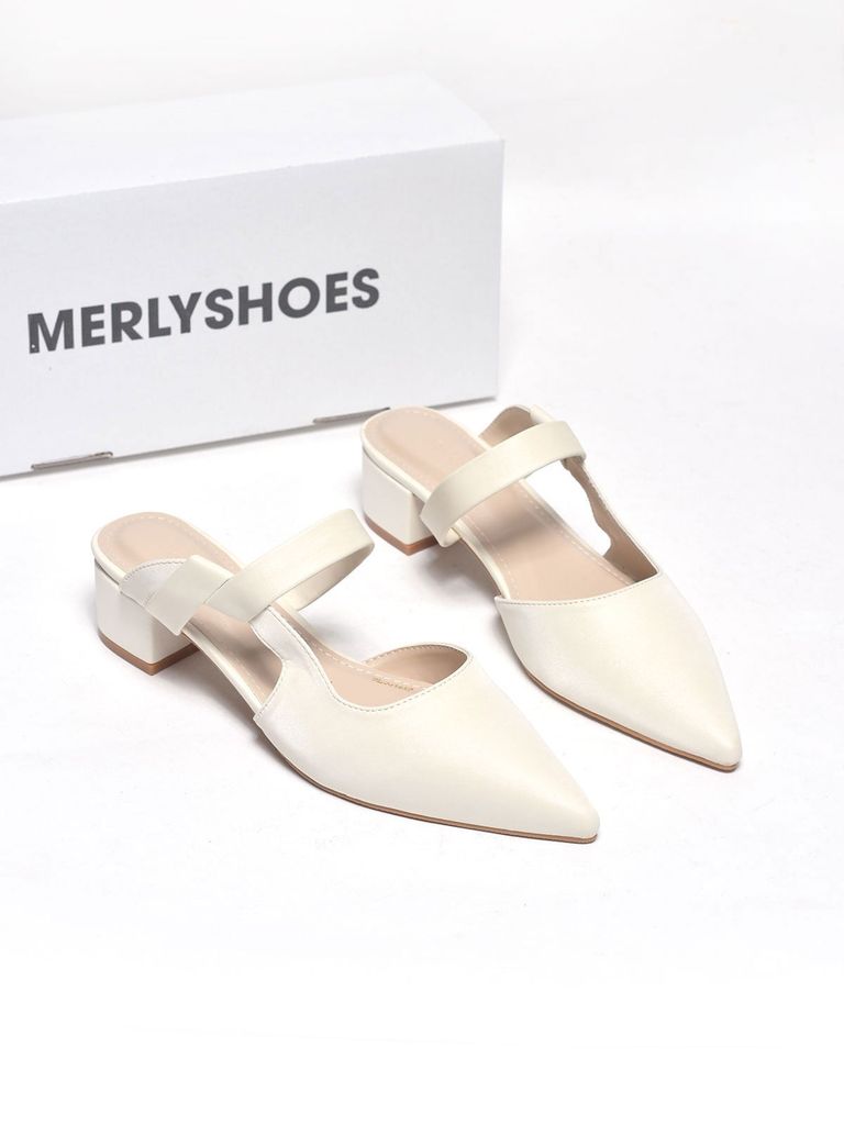 Guốc Sục Nữ Merly 1647 Trắng Ivory Bigsize 35-43, Giày Sục Nữ Mũi Nhọn Đế Vuông 3cm 1647 Đen, Sandal Bít Mũi, Giày Mule, Giày Búp Bê, Giày Công Sở Nữ