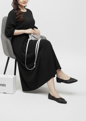 [Phom To] Giày Búp Bê Đen Cắt Họa Tiết Lazer Hoa Lá Merly 1648 Đen Bám Nền Mũi Nhọn Da Mềm, Giày Bệt Mũi Nhọn, Giày Búp Bê Mũi Nhọn, Giày Công Sở Nữ