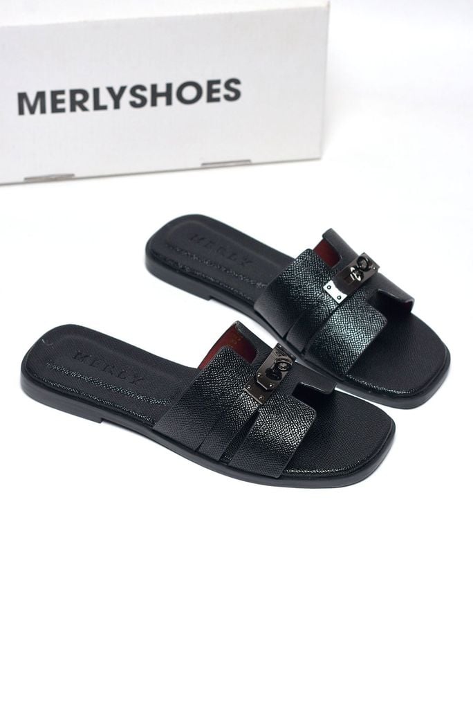 Dép Chữ H Nữ Đính Khóa Merly 1650 Đen Da Vân Hạt Size 35-43, Dép Nữ Bigsize