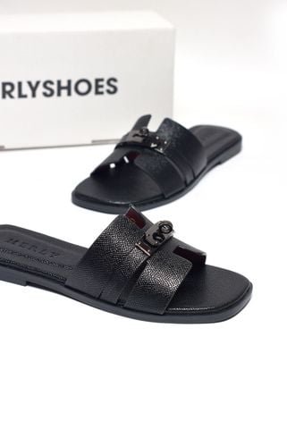 Dép Chữ H Nữ Đính Khóa Merly 1650 Đen Da Vân Hạt Size 35-43, Dép Nữ Bigsize