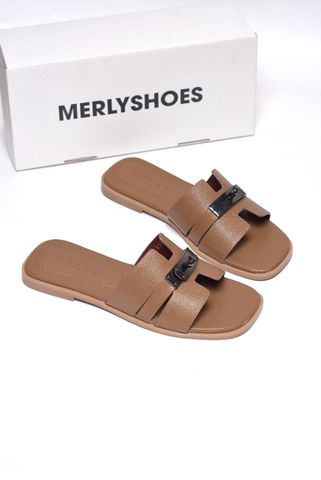 Dép Chữ H Nữ Đính Khóa Merly 1650 Nâu Da Vân Hạt Size 35-43, Dép Chữ H Bigsize