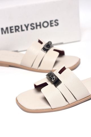 Dép Chữ H Nữ Đính Khóa Merly 1650 Trắng Kem Da Vân Hạt Size 35-43, Dép Chữ H Nữ Bigsize