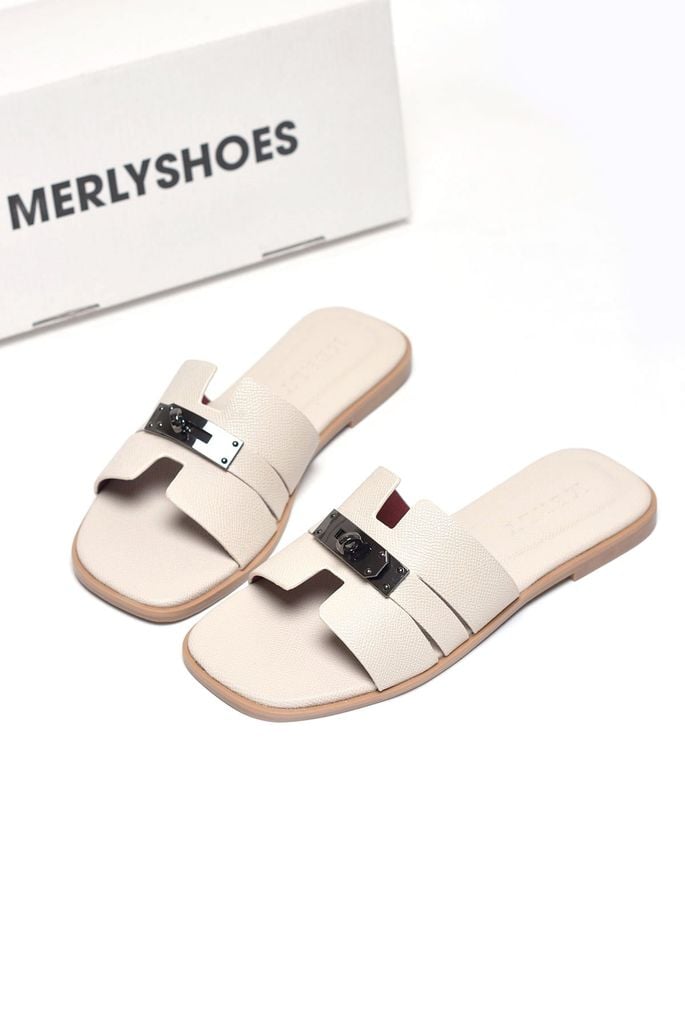 Dép Chữ H Nữ Đính Khóa Merly 1650 Trắng Kem Da Vân Hạt Size 35-43, Dép Chữ H Nữ Bigsize