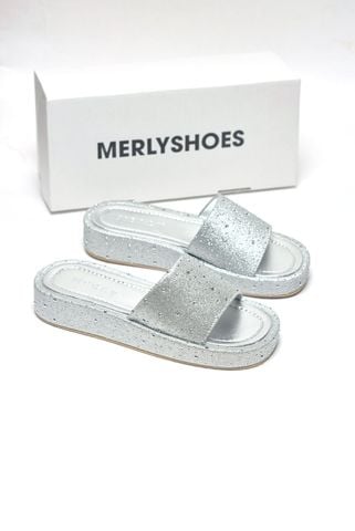 [NEW] Dép Bánh Mì Nữ Bạc Đá Merly 1651 Quai Ngang Da Đính Hạt Lấp Lánh Đế Cao 3cm Bản Quai Lớn Mút Nhẹ , Platform Sandals, Dép Nữ Quai Ngang, Dép Nữ Big Size, Dép Bánh Mì Nữ Bigsize