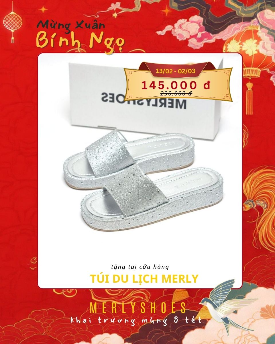 Dép Bánh Mì Nữ Bạc Đá Merly 1651 Quai Ngang Da Đính Hạt Lấp Lánh Đế Cao 3cm Bản Quai Lớn Mút Nhẹ , Platform Sandals, Dép Nữ Quai Ngang, Dép Nữ Big Size, Dép Bánh Mì Nữ Bigsize