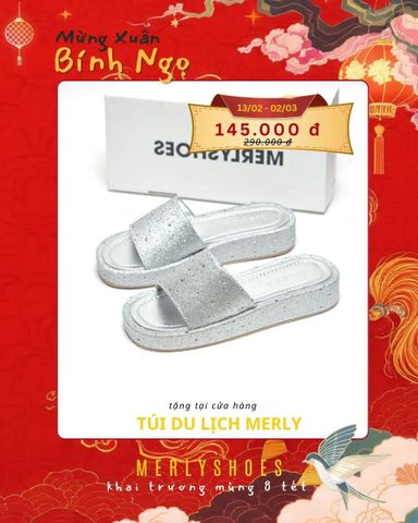 Dép Bánh Mì Nữ Bạc Đá Merly 1651 Quai Ngang Da Đính Hạt Lấp Lánh Đế Cao 3cm Bản Quai Lớn Mút Nhẹ , Platform Sandals, Dép Nữ Quai Ngang, Dép Nữ Big Size, Dép Bánh Mì Nữ Bigsize