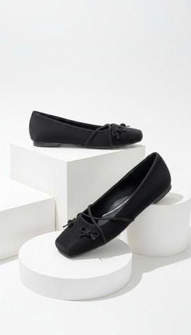 Giày Búp Bê Nơ Đan Dây Chéo Tiểu Thư 1653 Đen Huyền