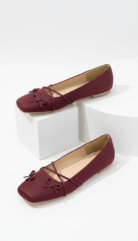Giày Búp Bê Nơ Đan Dây Chéo Tiểu Thư Merly 1653 Đỏ Burgundy, Giày Bệt Mũi Vuông Đính Nơ Xinh, Giày Búp Bê Quai Ngang, Giày Búp Bê Big Size 35-43